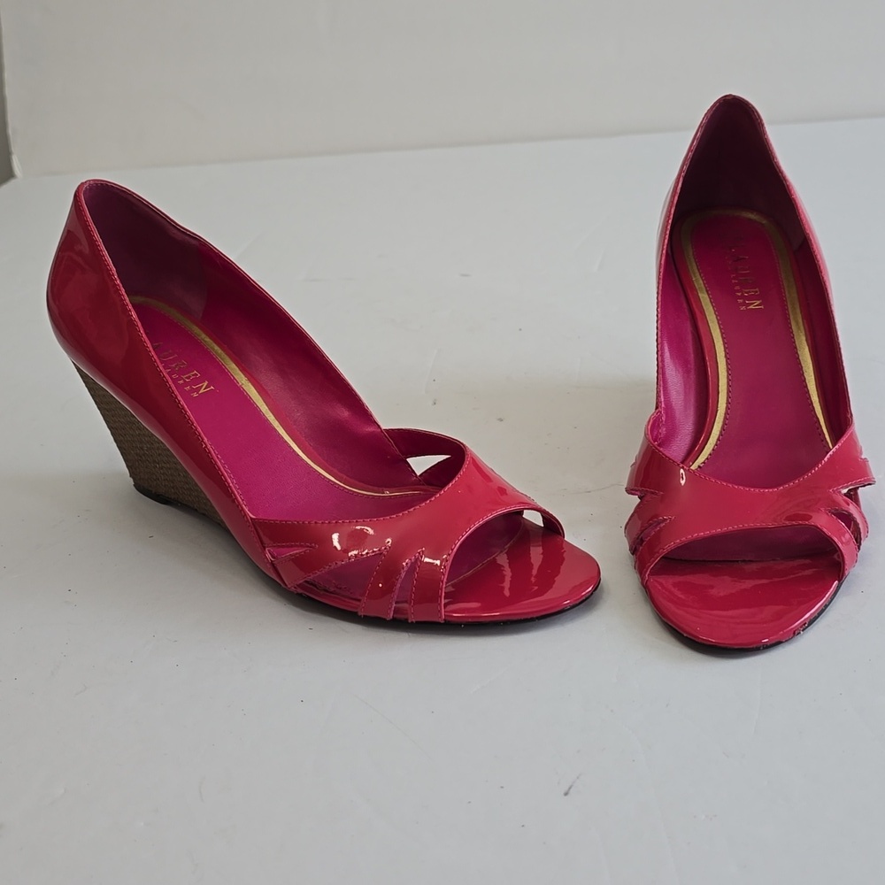 Lauren Ralph Lauren Patent Leather Open Toe Wedge Heels Dark Pink Size 9